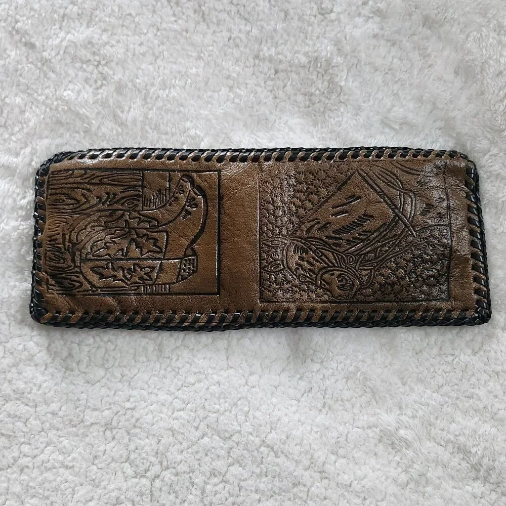 Vtg Hand Tooled Leather Braided Edge Bifold Wallet Western/Cowboy-Horse & Boots